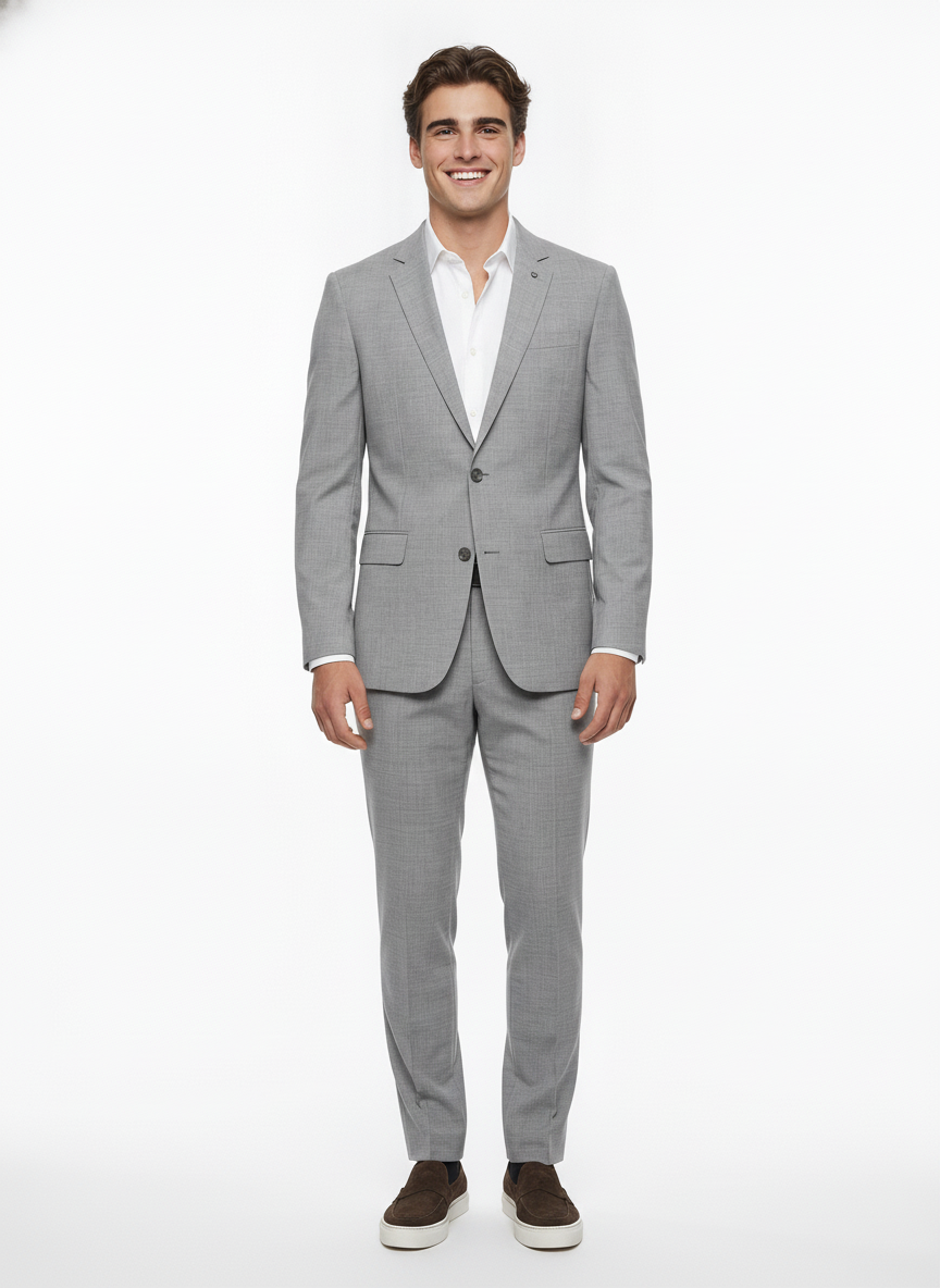 2-delig Pak Light Grey Sharkskin - Mister Steven, model vooraanzicht De Heerenkamer Utrecht