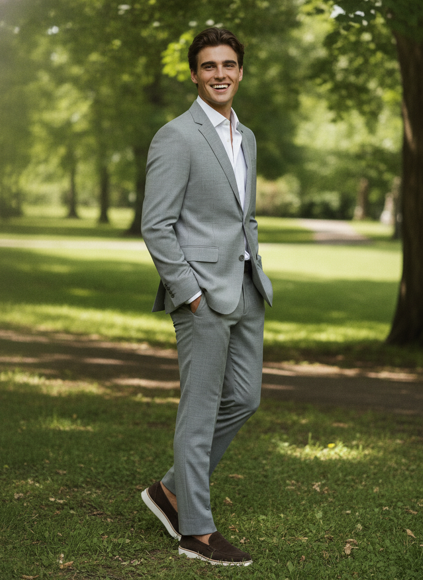 2-delig Pak Light Grey Sharkskin - Mister Steven, model buiten in de natuur De Heerenkamer Utrecht