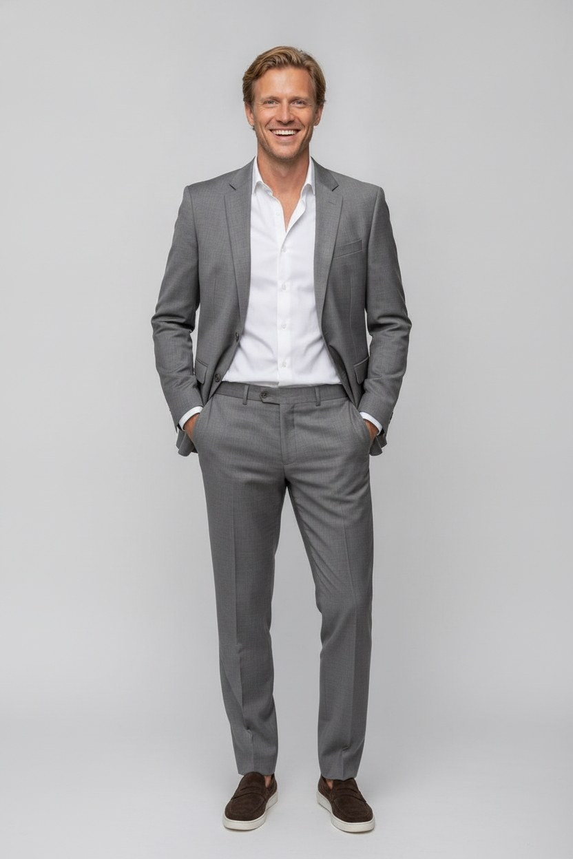 2-delig Pak Taupe Sharkskin - Mister Steven, model vooraanzicht De Heerenkamer Utrecht
