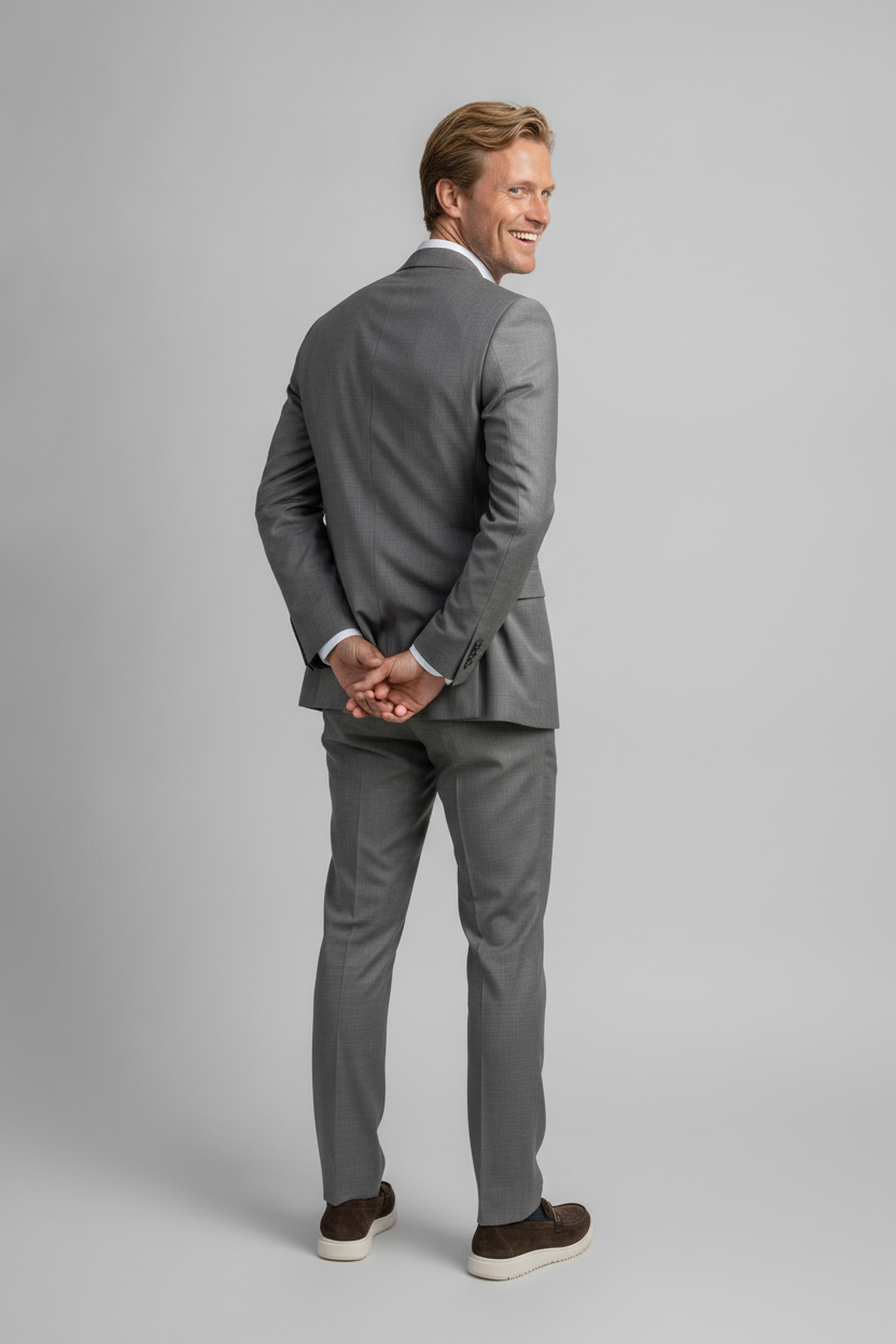 2-delig Pak Taupe Sharkskin - Mister Steven, model achteraanzicht De Heerenkamer Utrecht