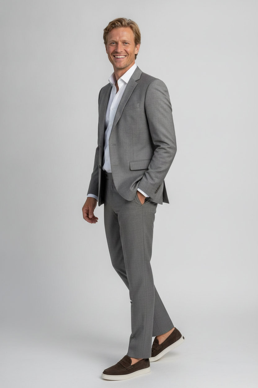 2-delig Pak Taupe Sharkskin - Mister Steven, model driekwart aanzicht De Heerenkamer Utrecht