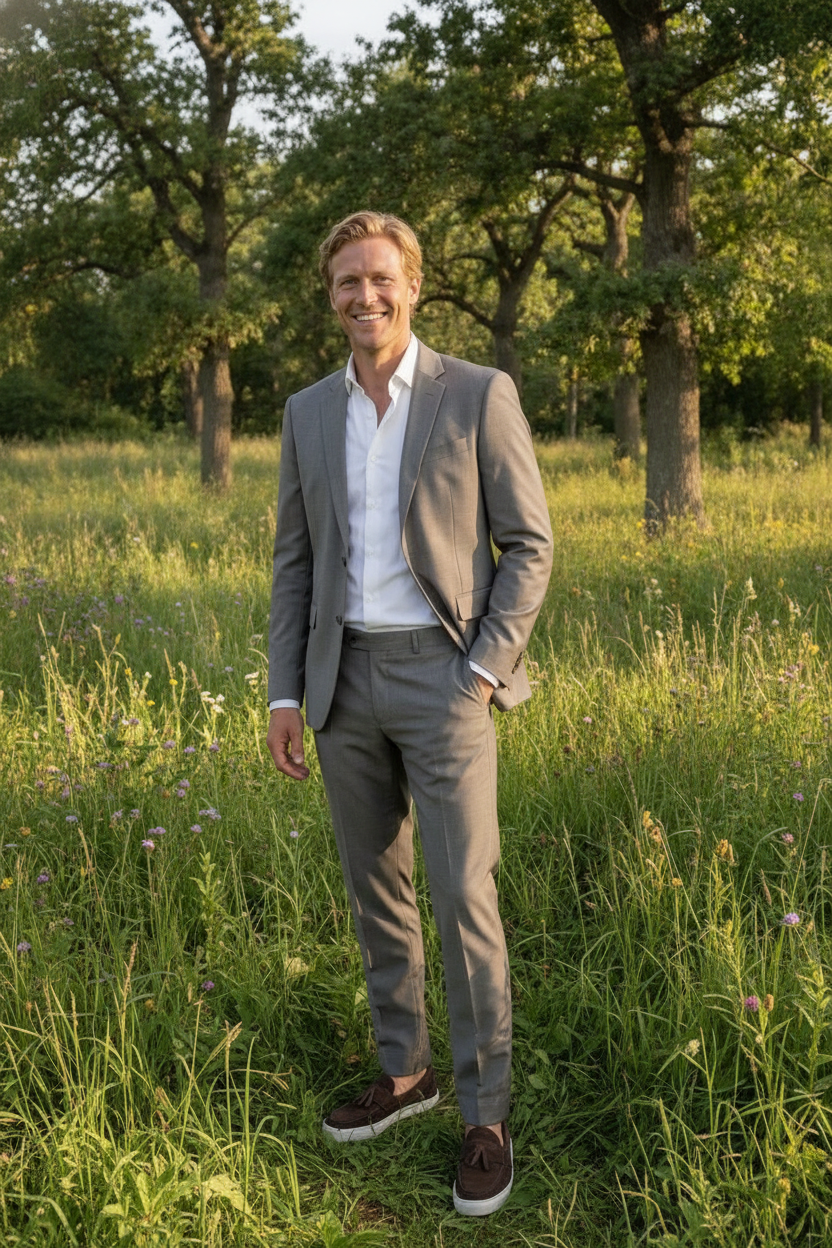 2-delig Pak Taupe Sharkskin - Mister Steven, model buiten in de natuur De Heerenkamer Utrecht