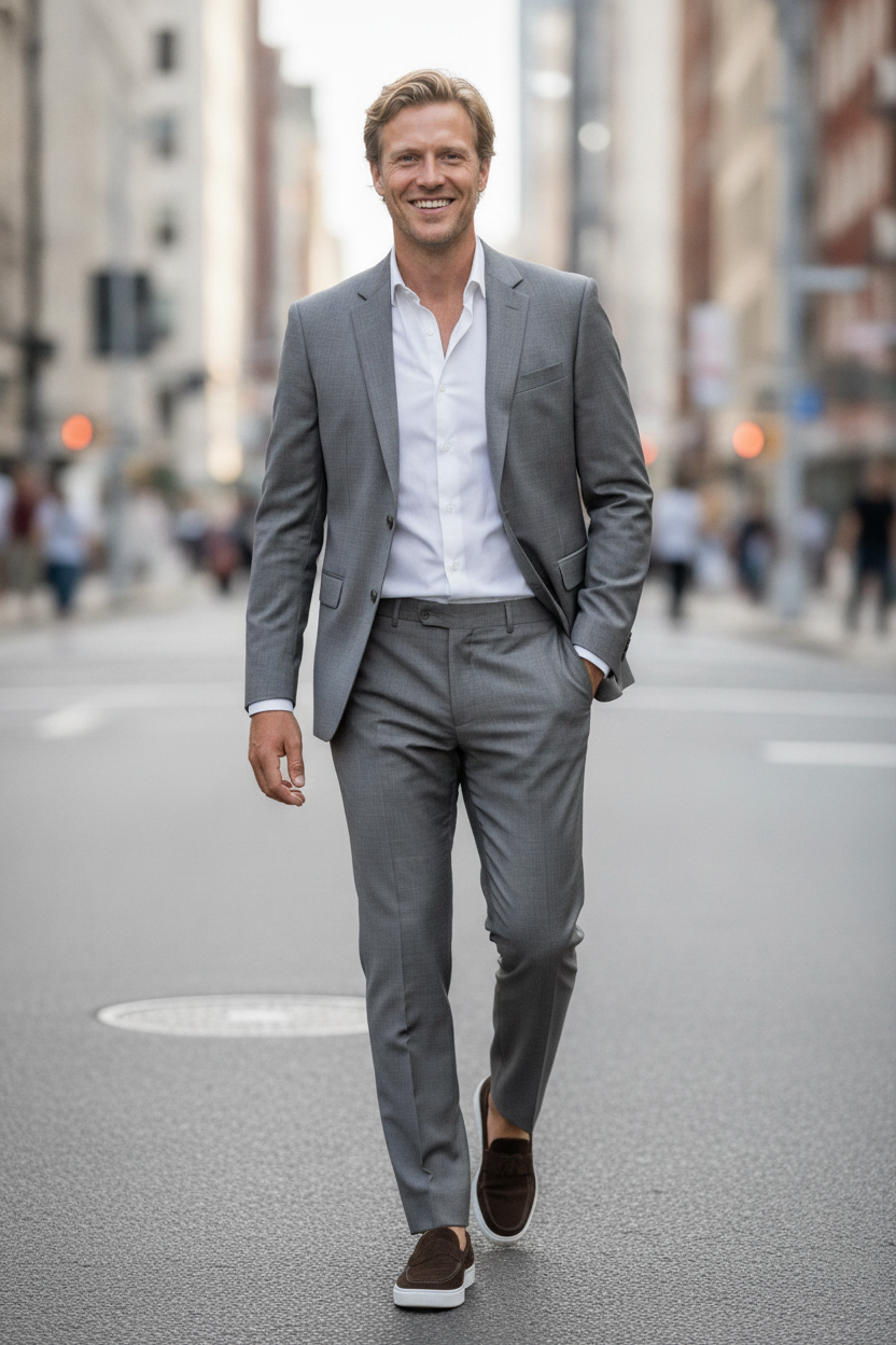 2-delig Pak Taupe Sharkskin - Mister Steven, model op straat De Heerenkamer Utrecht