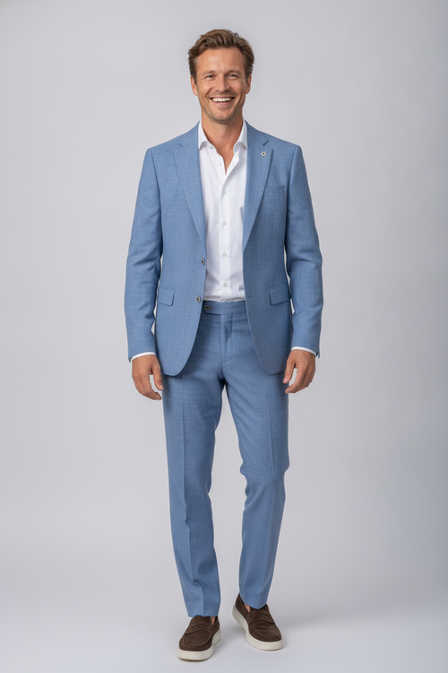 2-delig Pak Geruit Mid Blue White - Mister Steven, model vooraanzicht De Heerenkamer Utrecht
