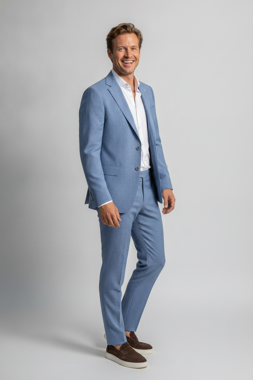 2-delig Pak Geruit Mid Blue White - Mister Steven, model driekwart aanzicht De Heerenkamer Utrecht