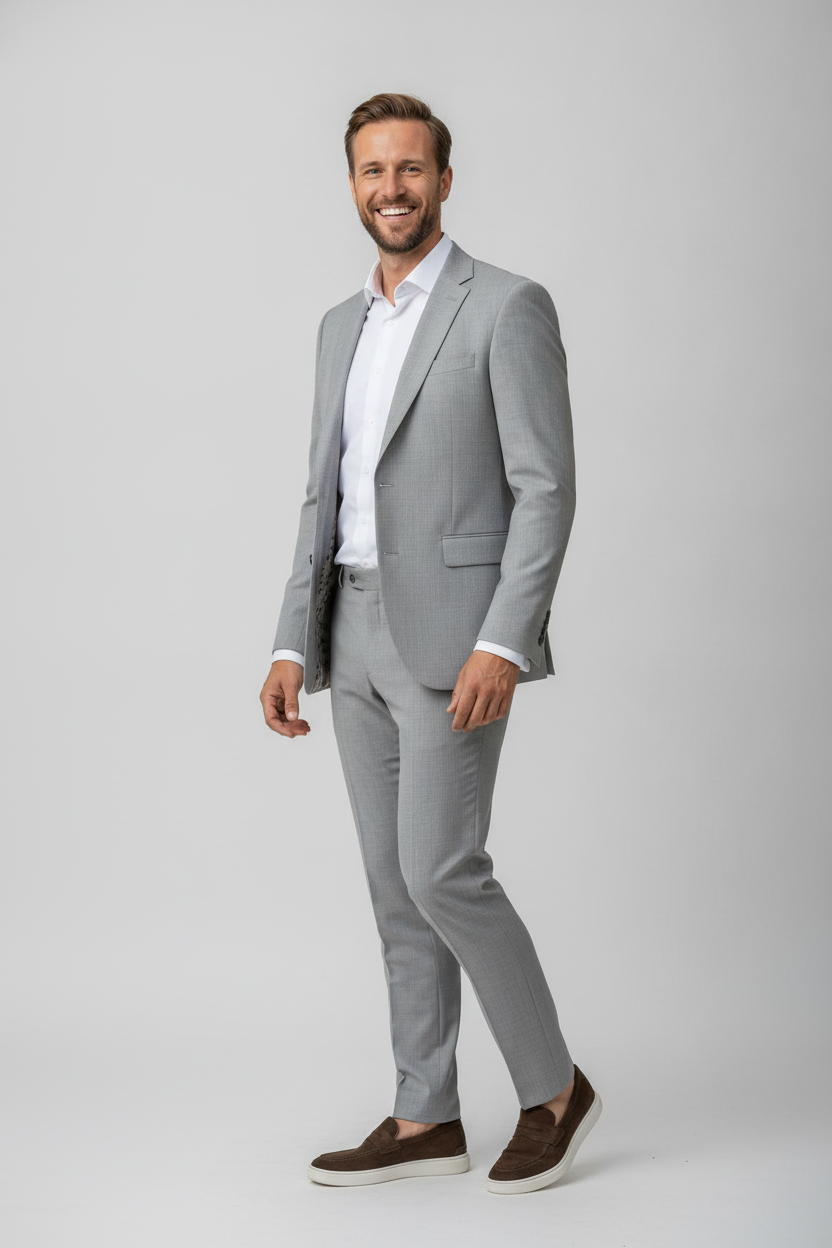 2-delig Pak Streep Light Grey - Mister Steven, model driekwart aanzicht De Heerenkamer Utrecht