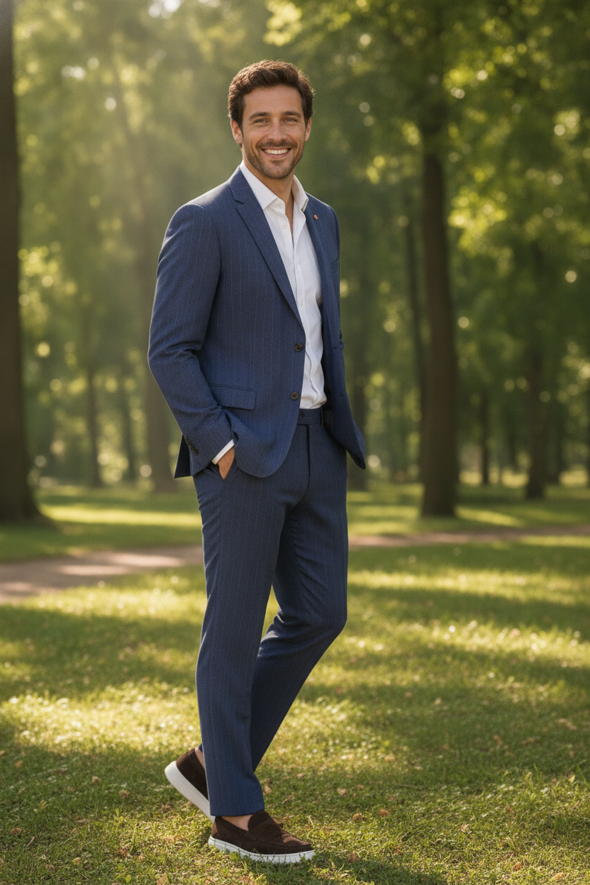 2-delig Pak Gestreept Blue - Mister Steven, model buiten in de natuur De Heerenkamer Utrecht