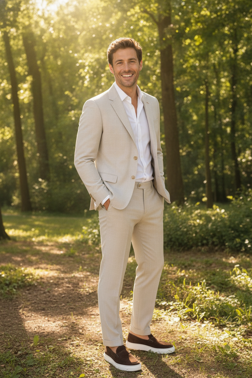 2-delig Pak Geruit Sand "Uras" - Mister Steven, model buiten in de natuur De Heerenkamer Utrecht