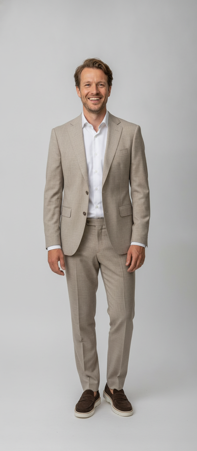 2-delig Pak Mid Beige Sharkskin - Mister Steven, model vooraanzicht De Heerenkamer Utrecht