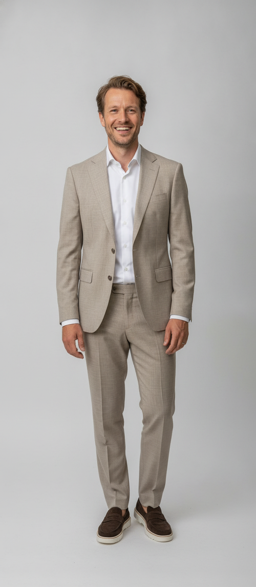 2-delig Pak Mid Beige Sharkskin - Mister Steven, model vooraanzicht De Heerenkamer Utrecht