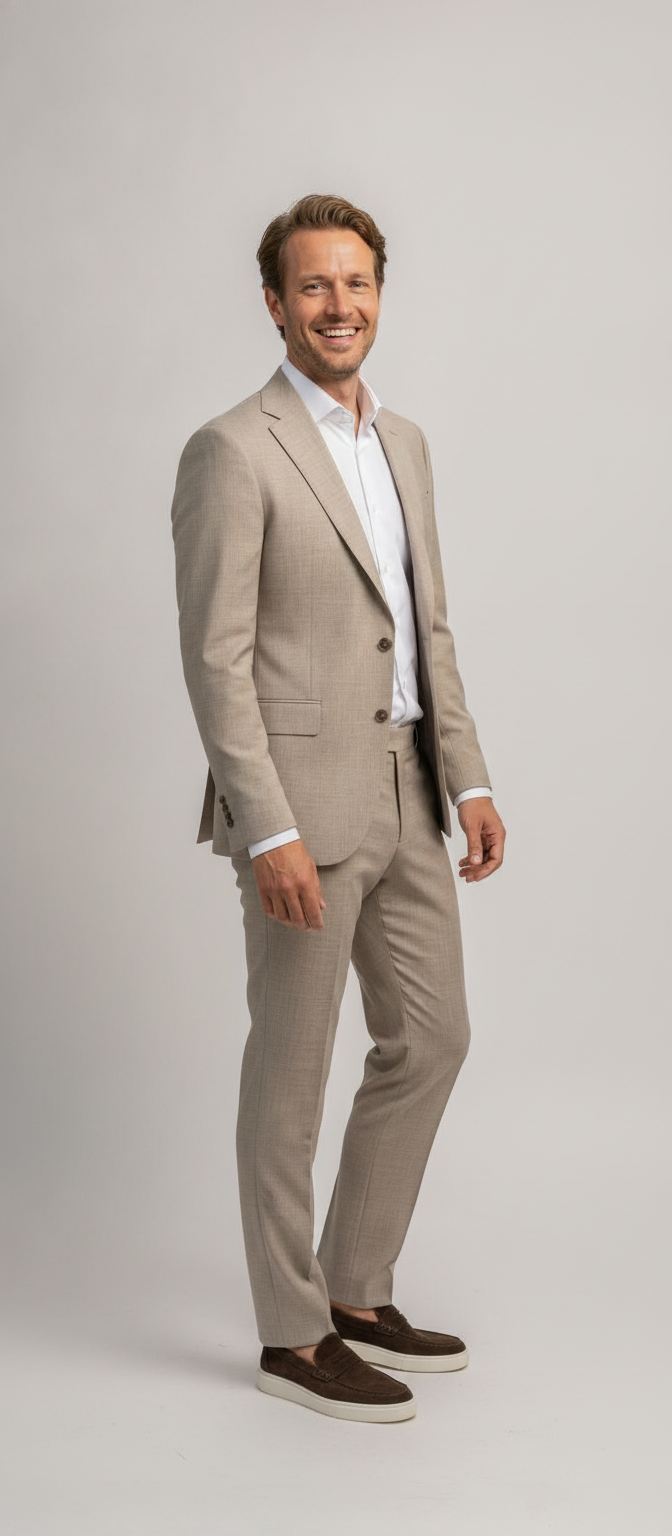 2-delig Pak Mid Beige Sharkskin - Mister Steven, model driekwart aanzicht De Heerenkamer Utrecht