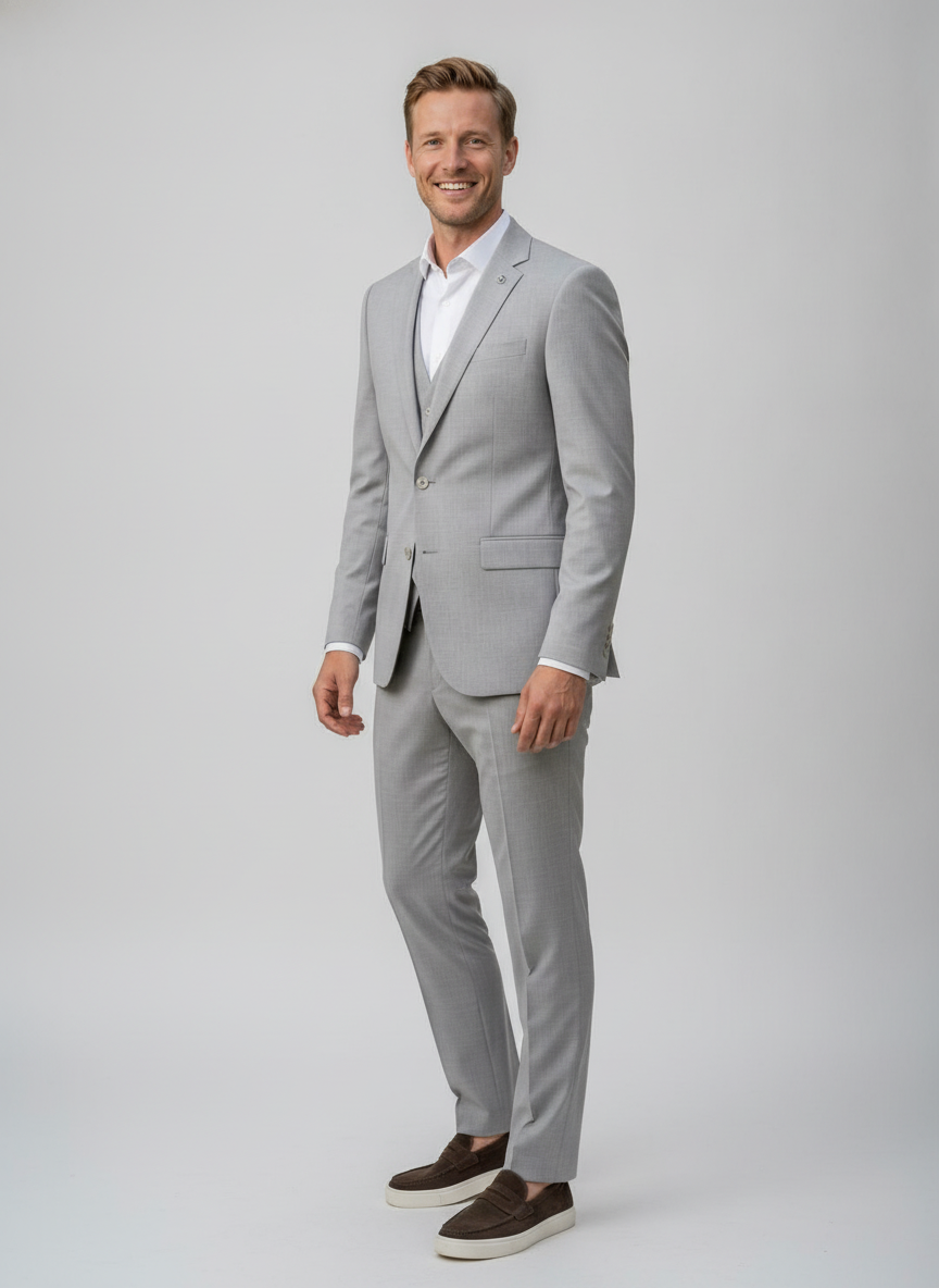 3-delig Pak Geweven Sand Grey - Mister Steven, model driekwart aanzicht De Heerenkamer Utrecht