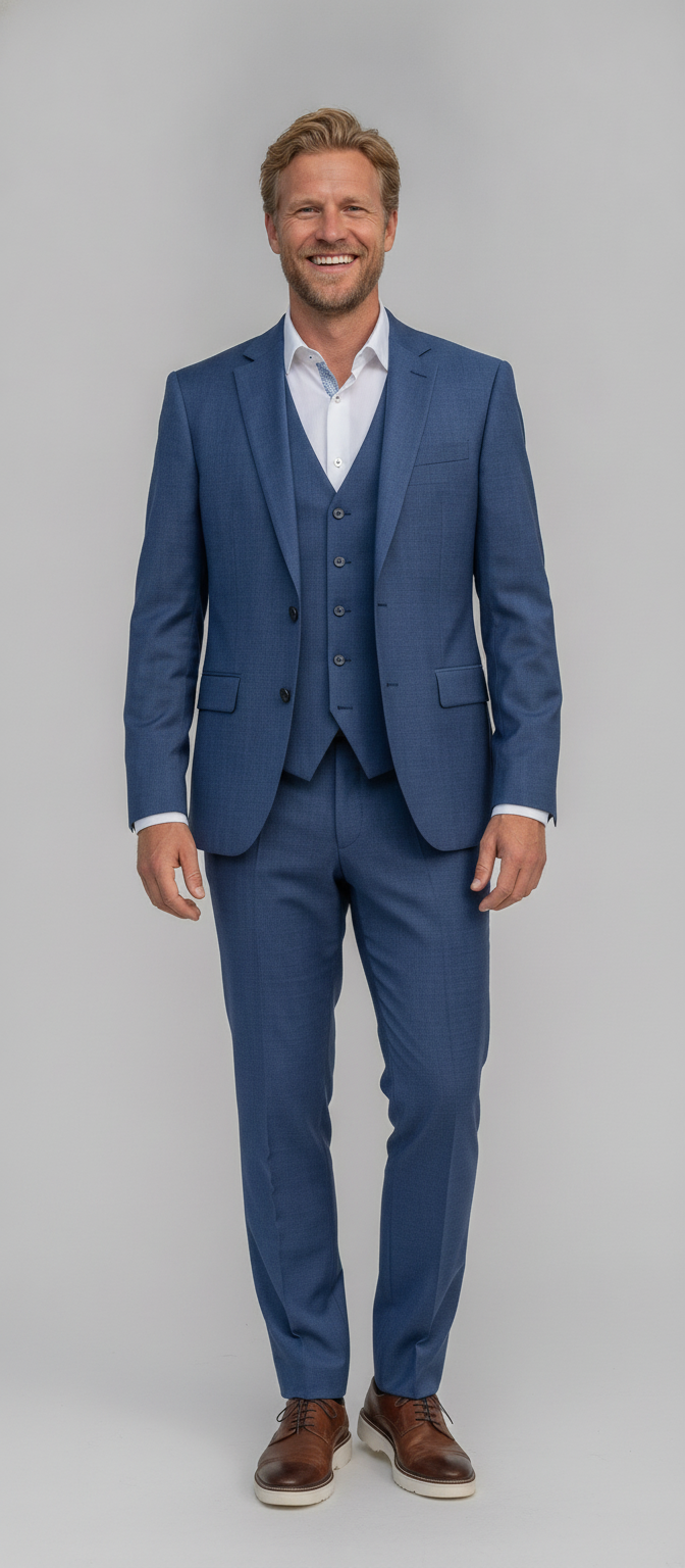 3-delig Pak Light Navy Sharkskin - Mister Steven, model vooraanzicht De Heerenkamer Utrecht