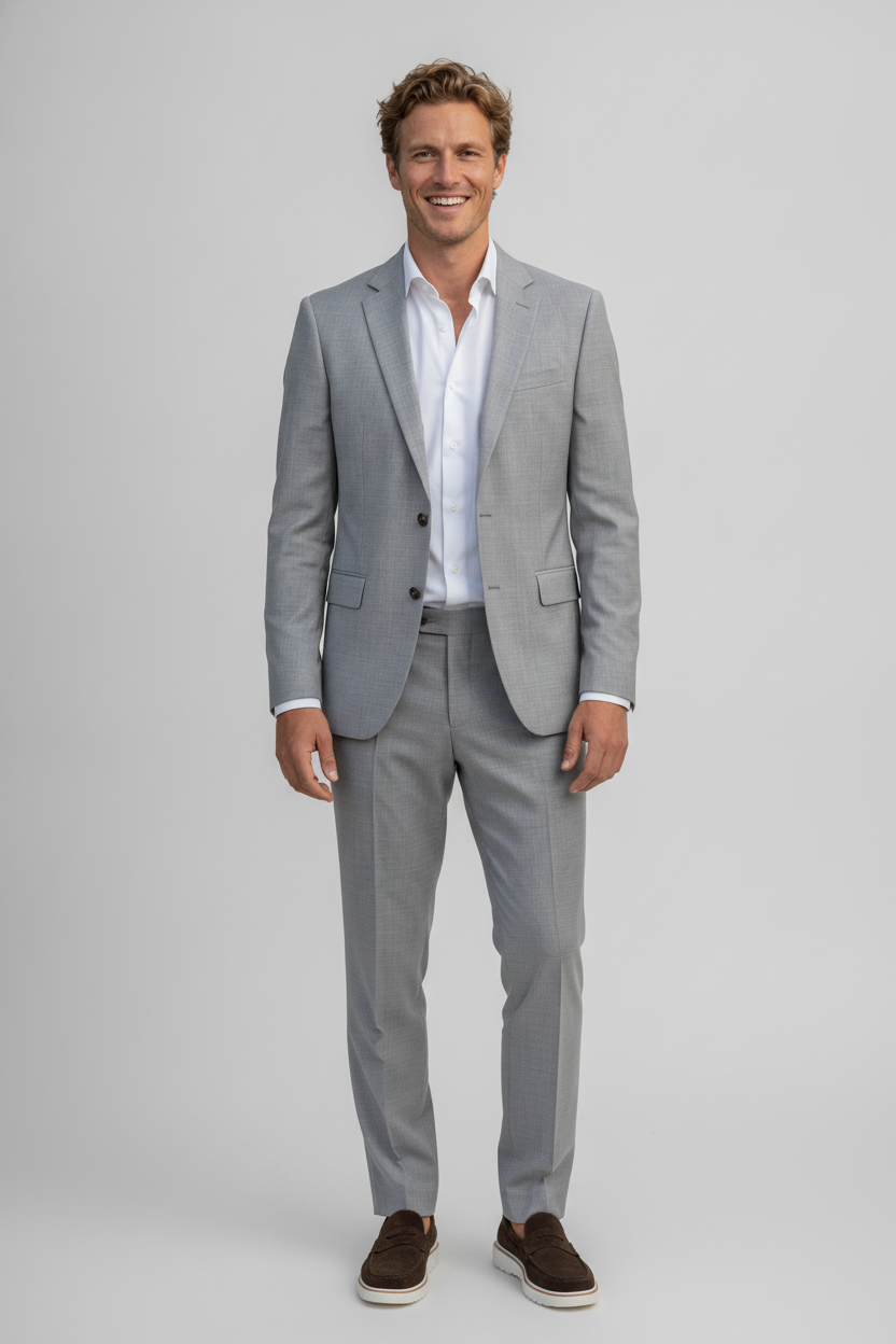 3-delig Pak Light Grey Sharkskin - Mister Steven, model vooraanzicht De Heerenkamer Utrecht