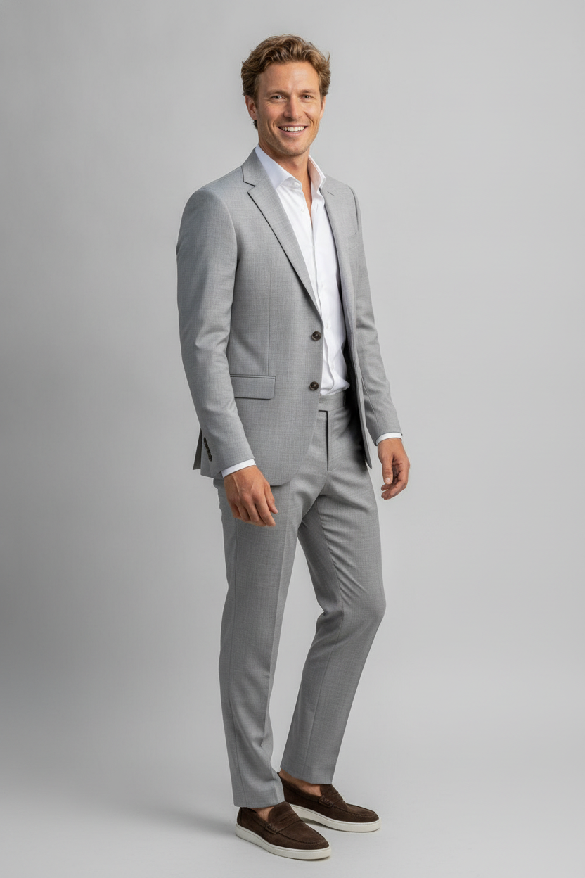 3-delig Pak Light Grey Sharkskin - Mister Steven, model driekwart aanzicht De Heerenkamer Utrecht