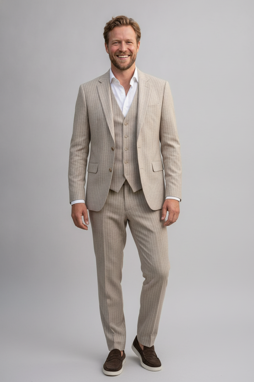 3-delig Pak Krijtstreep Beige 10mm - Mister Steven, model vooraanzicht De Heerenkamer Utrecht