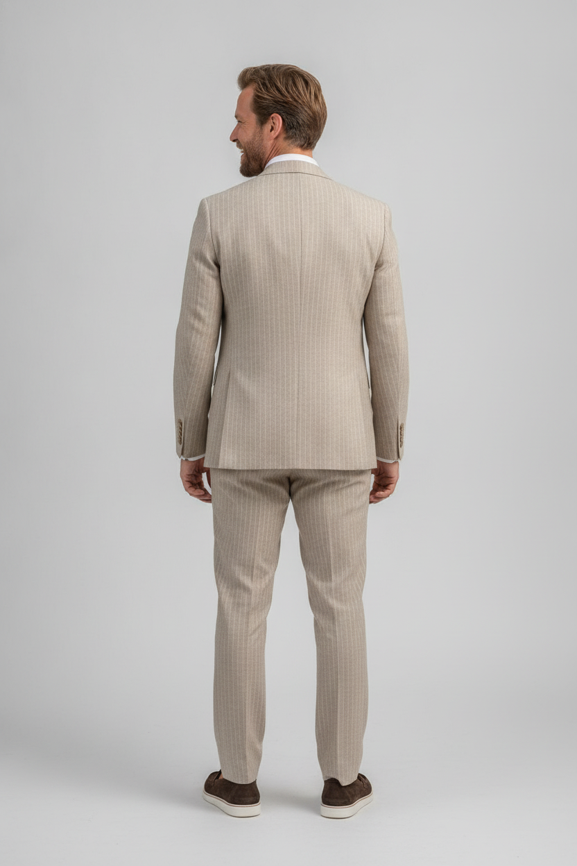 3-delig Pak Krijtstreep Beige 10mm - Mister Steven, model achteraanzicht De Heerenkamer Utrecht