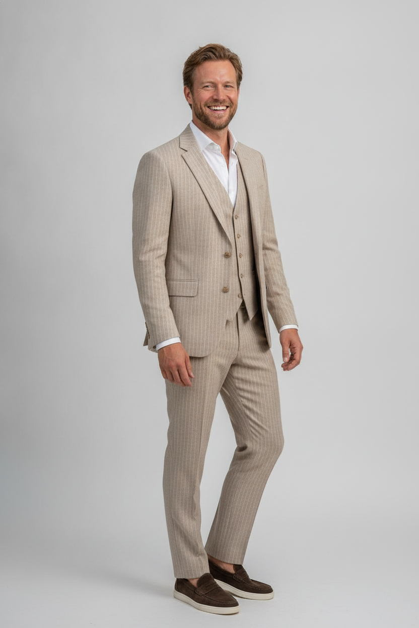 3-delig Pak Krijtstreep Beige 10mm - Mister Steven, model driekwart aanzicht De Heerenkamer Utrecht