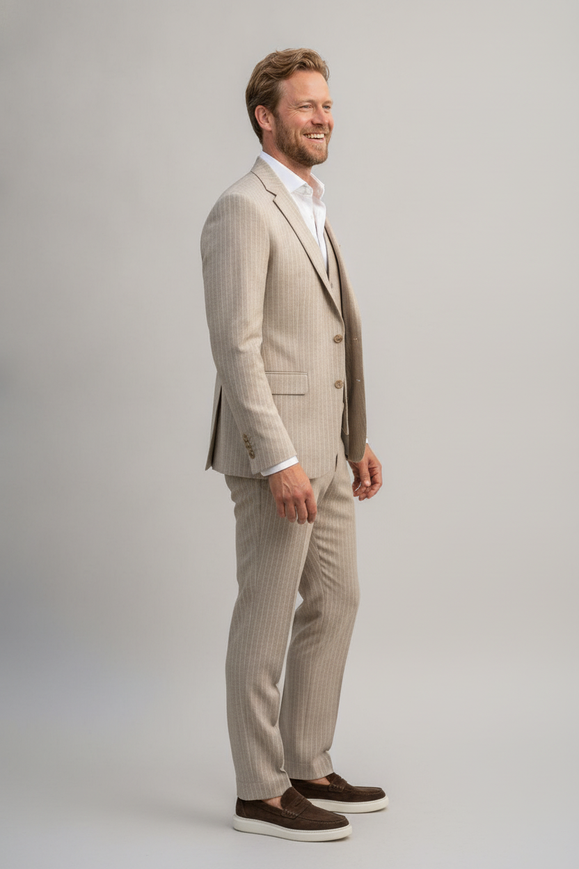 3-delig Pak Krijtstreep Beige 10mm - Mister Steven, model zijaanzicht De Heerenkamer Utrecht