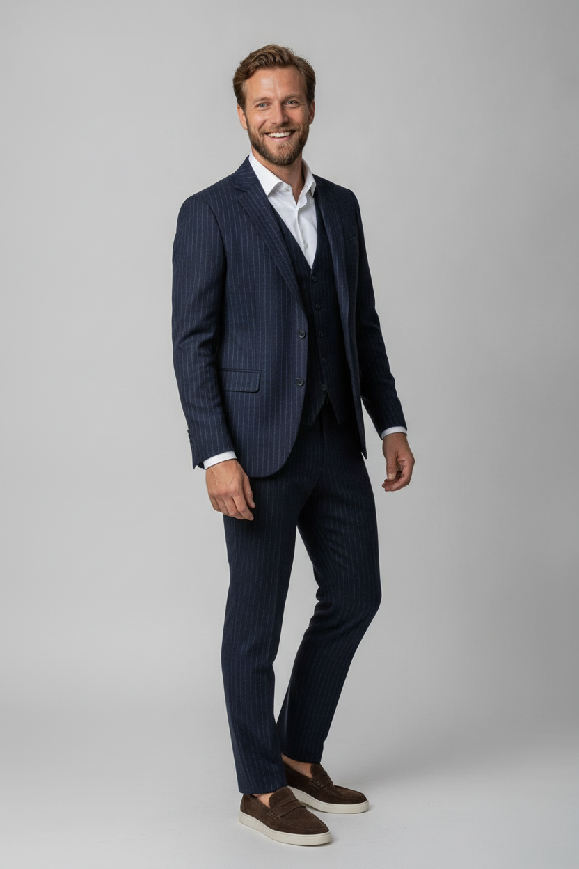 3-delig Pak Krijtstreep Navy 10mm - Mister Steven, model driekwart aanzicht De Heerenkamer Utrecht