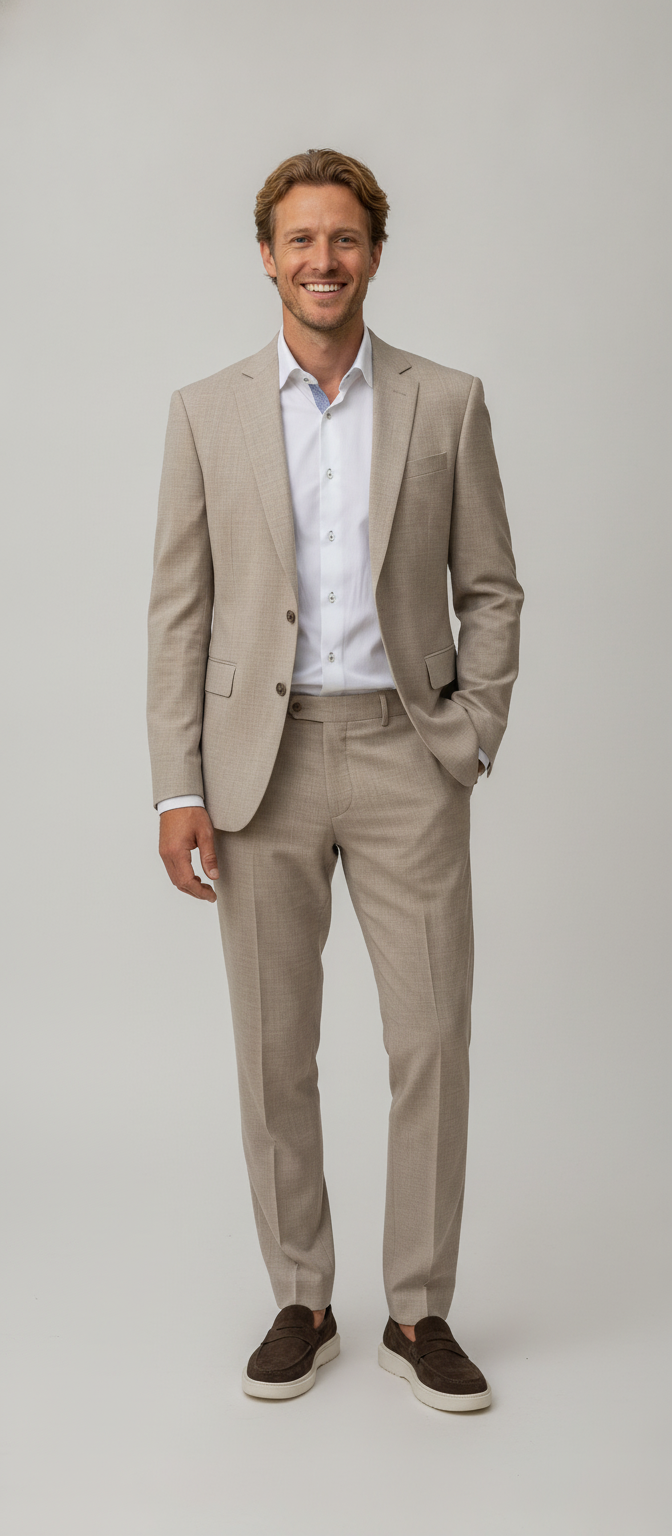 3-delig Pak Mid Beige Sharkskin - Mister Steven, model vooraanzicht De Heerenkamer Utrecht