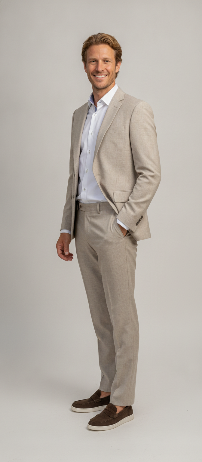 3-delig Pak Mid Beige Sharkskin - Mister Steven, model driekwart aanzicht De Heerenkamer Utrecht