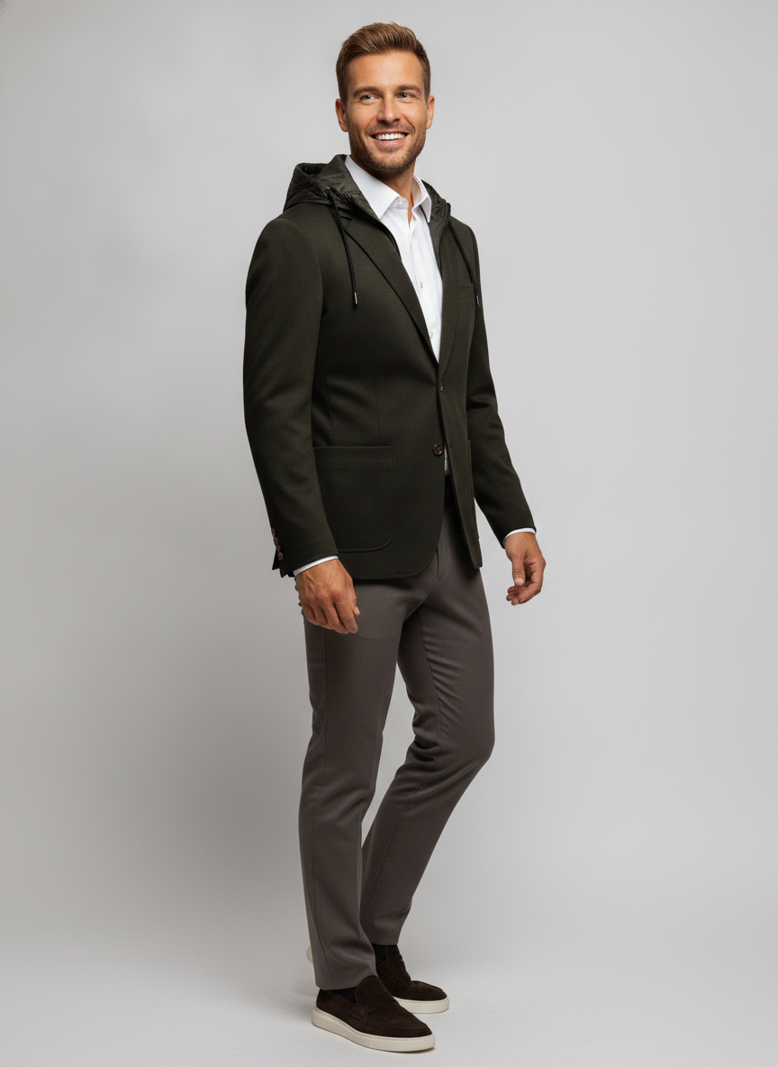 Colbert met Capuchon Green Jersey "Harald" - Flexx, model driekwart aanzicht De Heerenkamer Utrecht