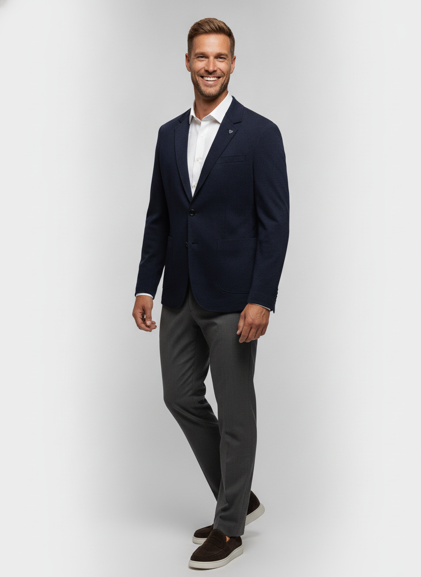 Colbert Navy Jersey "Havard" - Flexx, model driekwart aanzicht De Heerenkamer Utrecht