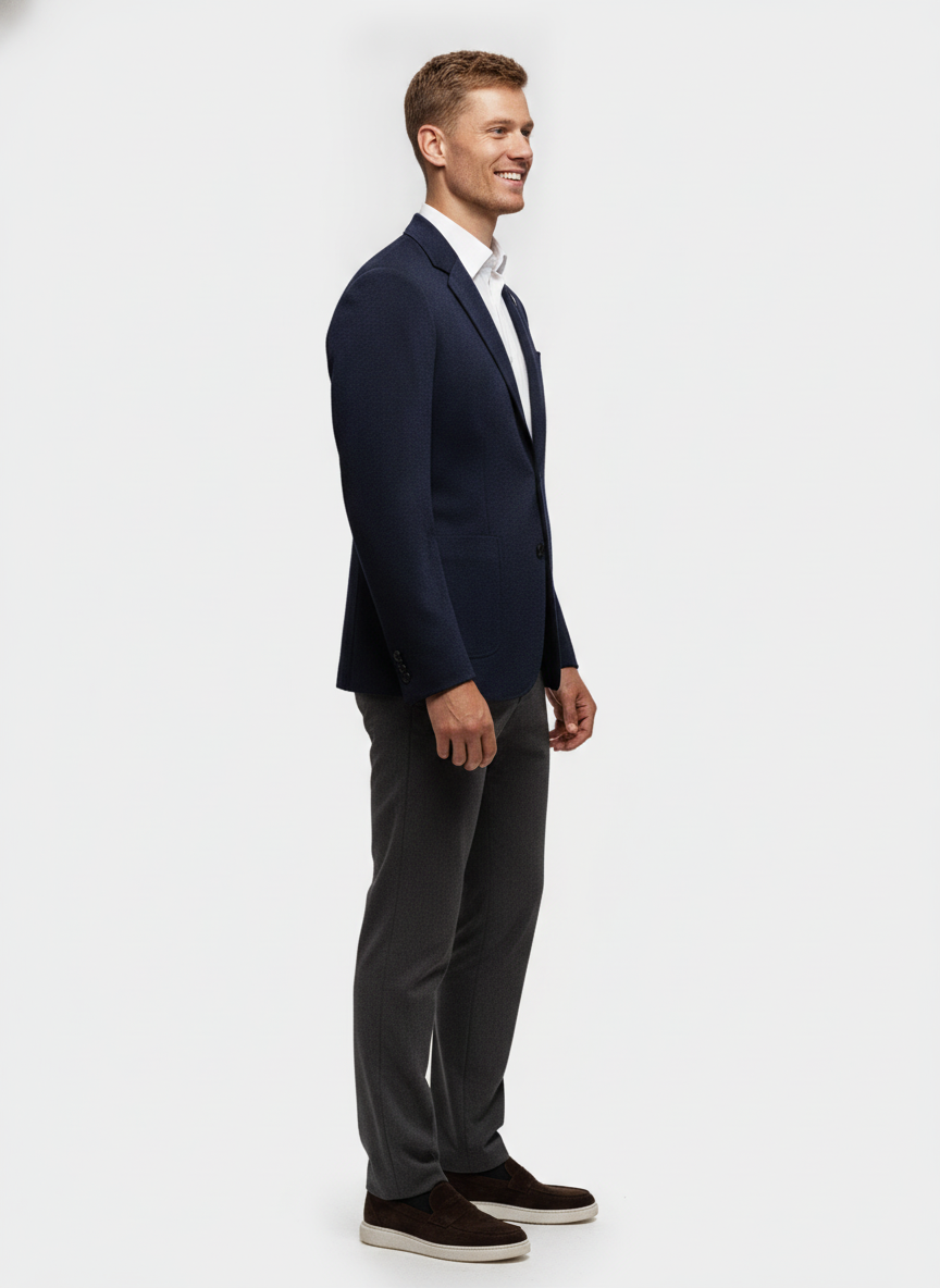 Colbert Navy Jersey "Havard" - Flexx, model zijaanzicht De Heerenkamer Utrecht