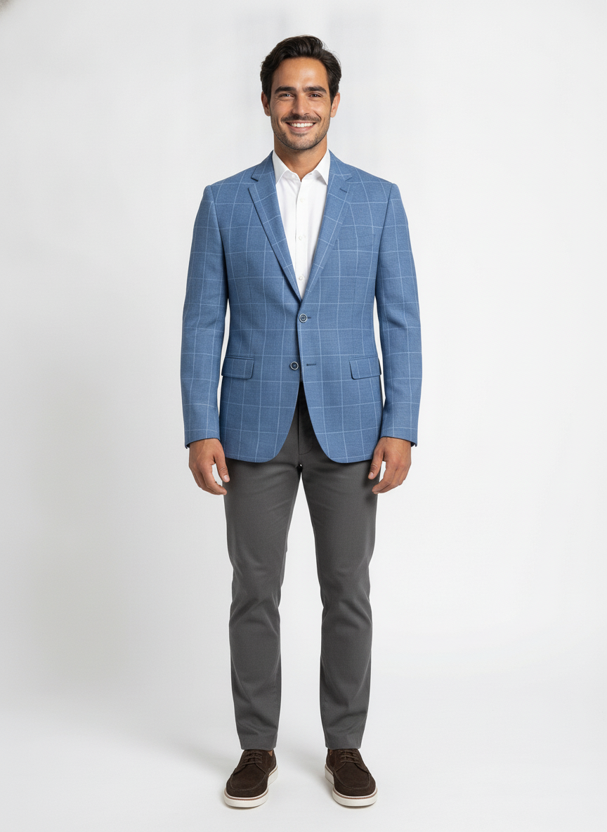 Colbert Geruit Royal Blue Jersey "Kefira" - Mister Steven, model vooraanzicht De Heerenkamer Utrecht