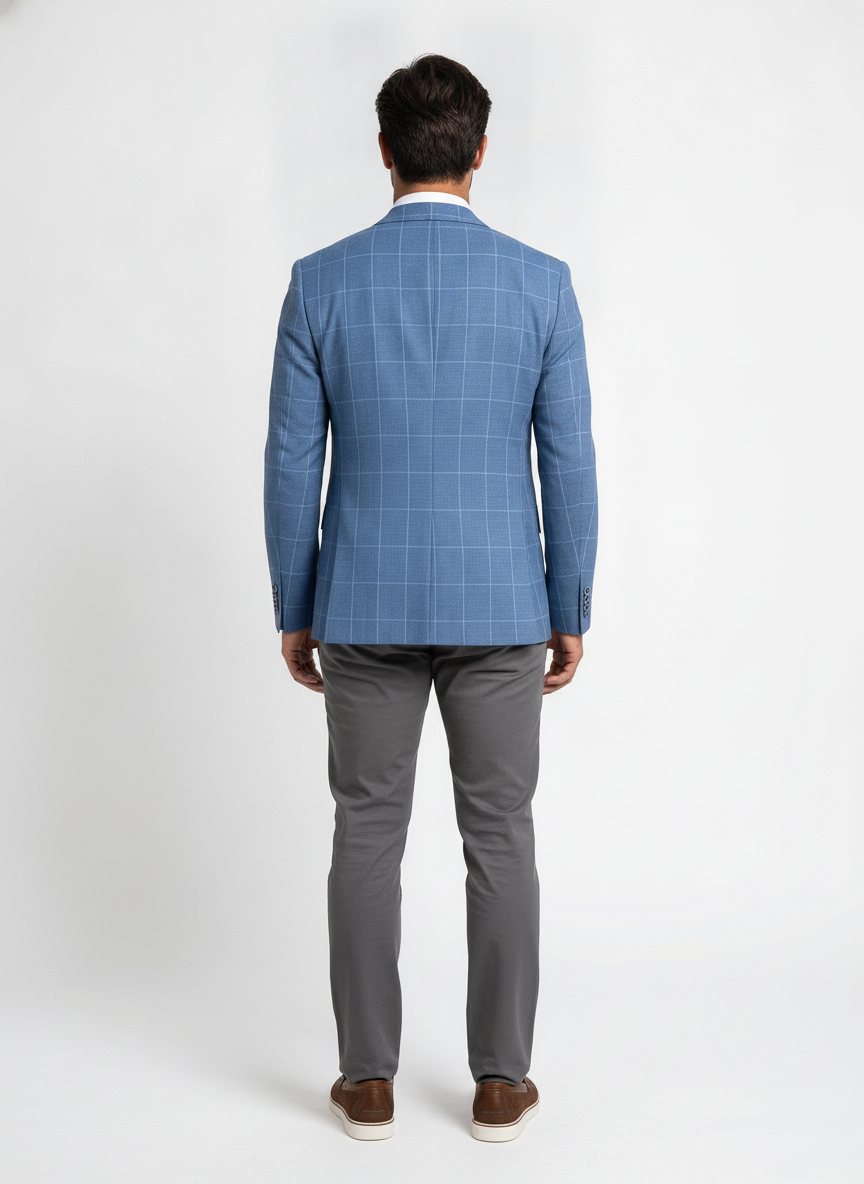 Colbert Geruit Royal Blue Jersey "Kefira" - Mister Steven, model achteraanzicht De Heerenkamer Utrecht