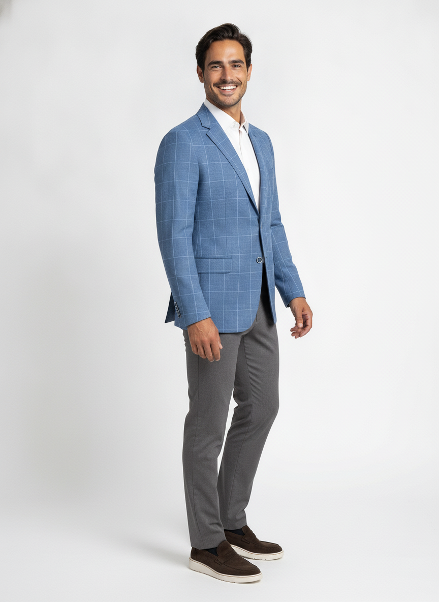 Colbert Geruit Royal Blue Jersey "Kefira" - Mister Steven, model driekwart aanzicht De Heerenkamer Utrecht