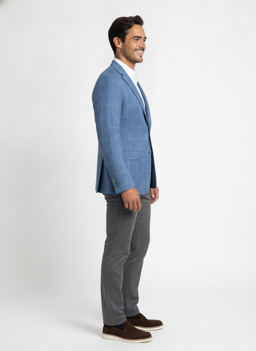 Colbert Geruit Royal Blue Jersey "Kefira" - Mister Steven, model zijaanzicht De Heerenkamer Utrecht