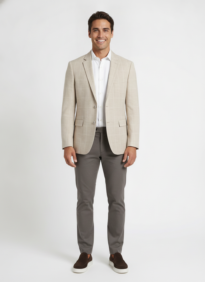 Colbert Geruit Sand Jersey "Kefira" - Mister Steven, model vooraanzicht De Heerenkamer Utrecht