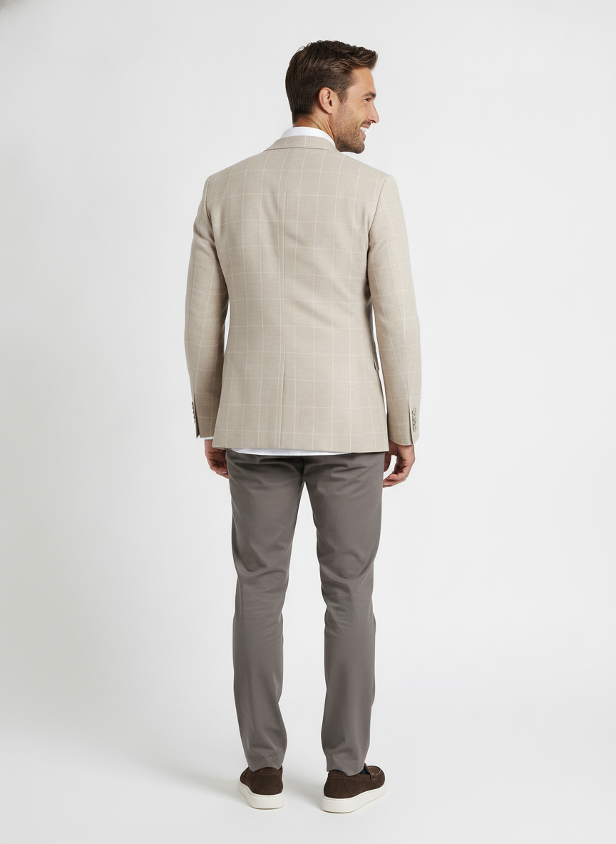 Colbert Geruit Sand Jersey "Kefira" - Mister Steven, model achteraanzicht De Heerenkamer Utrecht