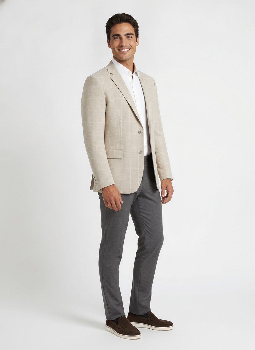 Colbert Geruit Sand Jersey "Kefira" - Mister Steven, model driekwart aanzicht De Heerenkamer Utrecht