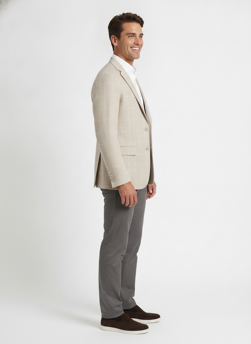 Colbert Geruit Sand Jersey "Kefira" - Mister Steven, model zijaanzicht De Heerenkamer Utrecht