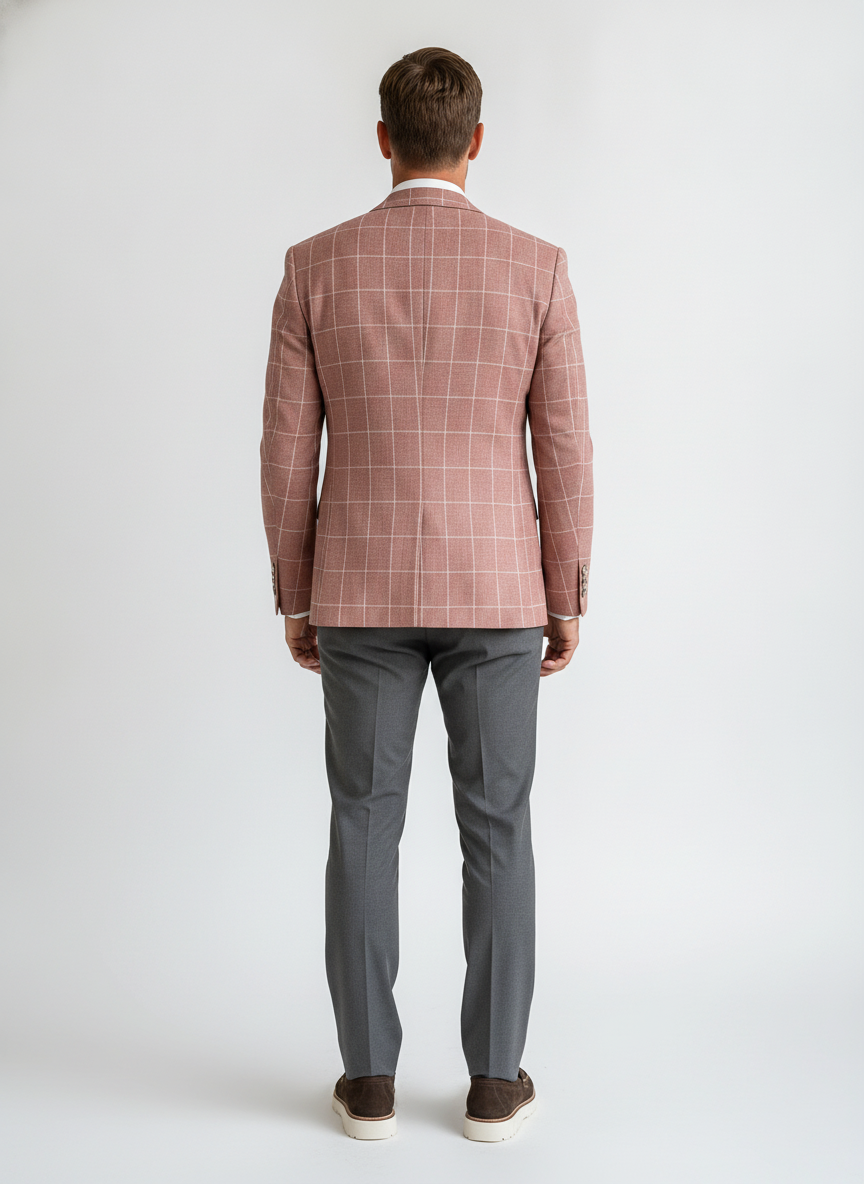 Colbert Geruit Rust Jersey "Kefira" - Mister Steven, model achteraanzicht De Heerenkamer Utrecht