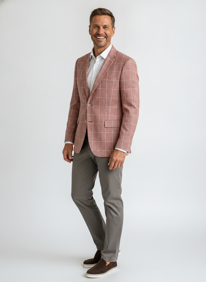 Colbert Geruit Rust Jersey "Kefira" - Mister Steven, model driekwart aanzicht De Heerenkamer Utrecht