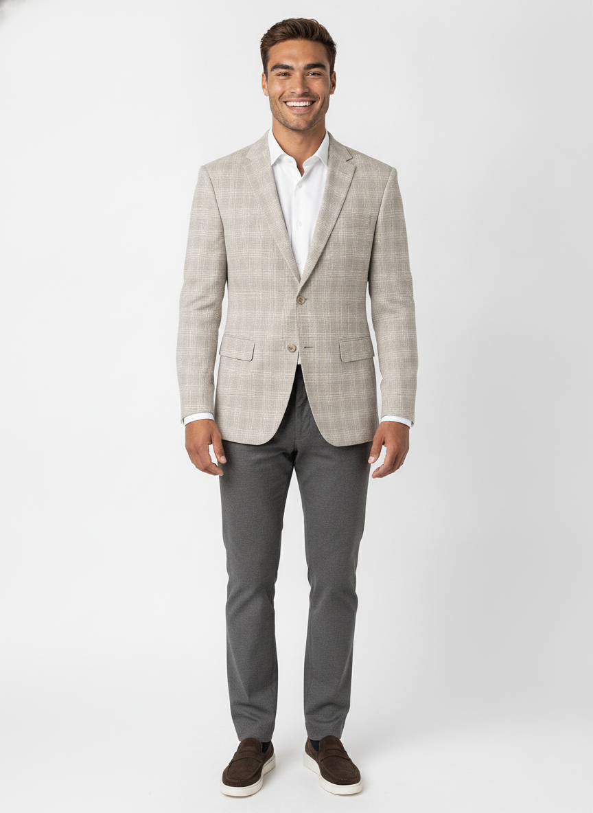 Colbert Geruit Light Sand Jersey - Mister Steven, model vooraanzicht De Heerenkamer Utrecht