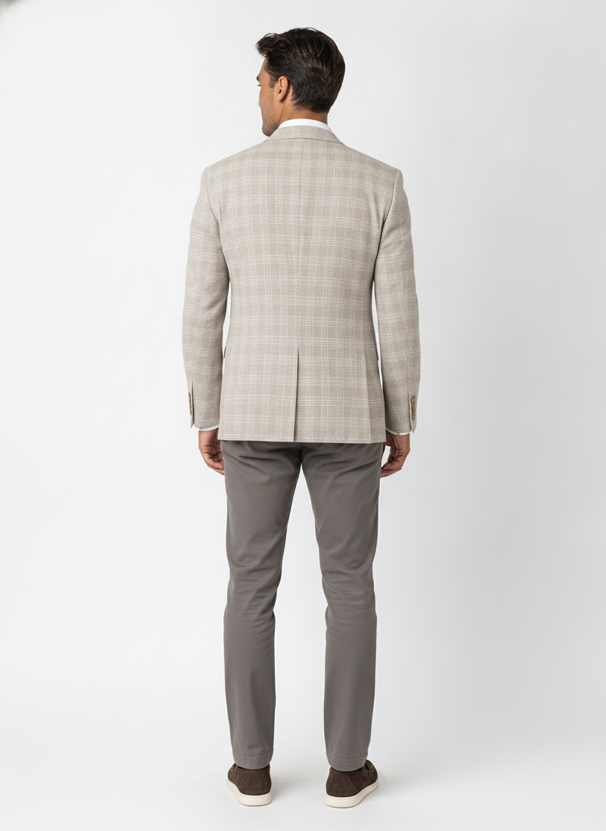 Colbert Geruit Light Sand Jersey - Mister Steven, model achteraanzicht De Heerenkamer Utrecht