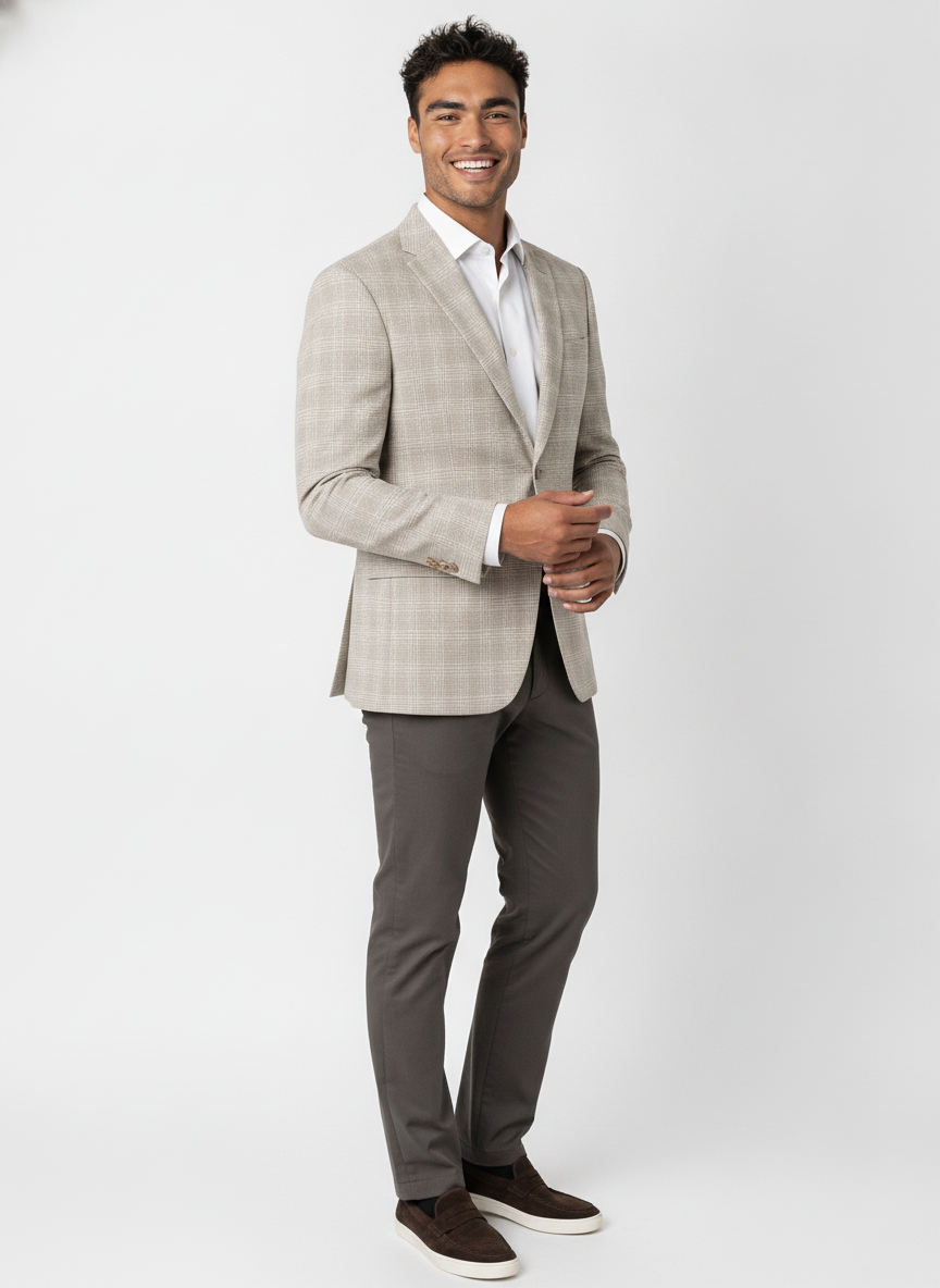 Colbert Geruit Light Sand Jersey - Mister Steven, model driekwart aanzicht De Heerenkamer Utrecht