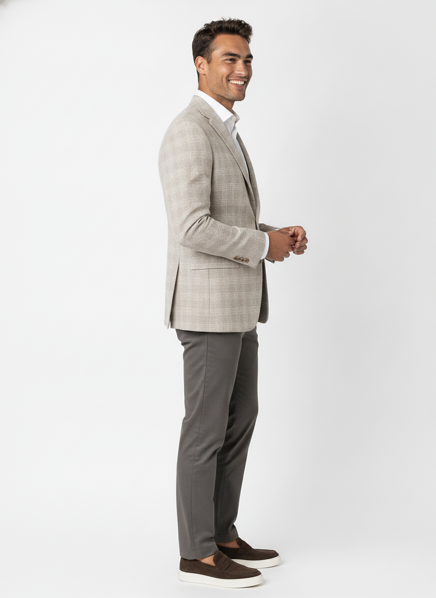 Colbert Geruit Light Sand Jersey - Mister Steven, model zijaanzicht De Heerenkamer Utrecht