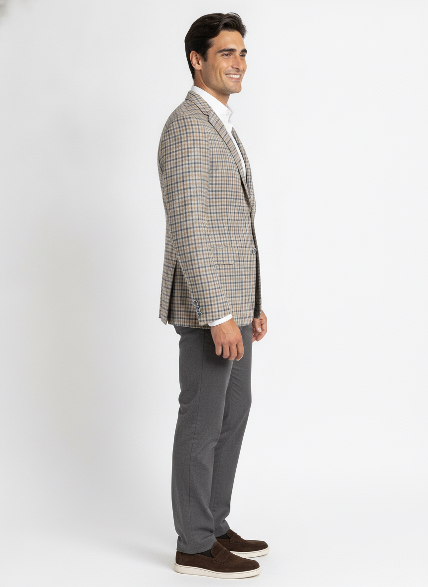 Colbert Geruit Sand Blue Beige - Mister Steven, model zijaanzicht De Heerenkamer Utrecht