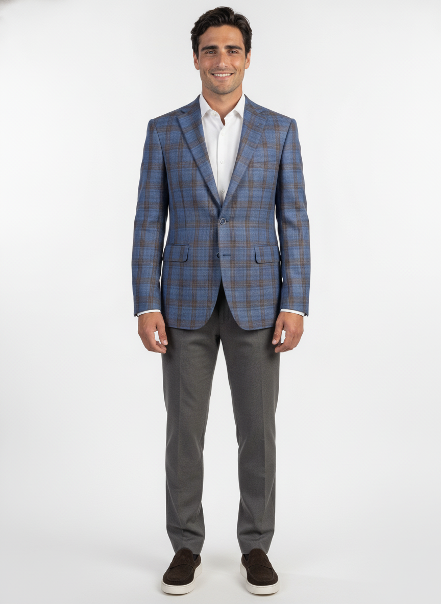 Colbert Geruit Mid Blue Brown "Grenoble" - Mister Steven, model vooraanzicht De Heerenkamer Utrecht