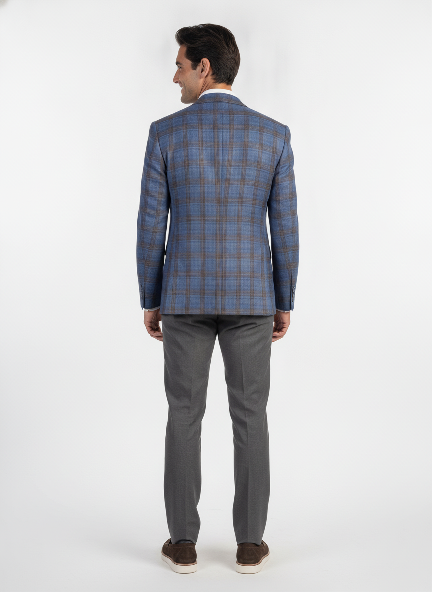 Colbert Geruit Mid Blue Brown "Grenoble" - Mister Steven, model achteraanzicht De Heerenkamer Utrecht
