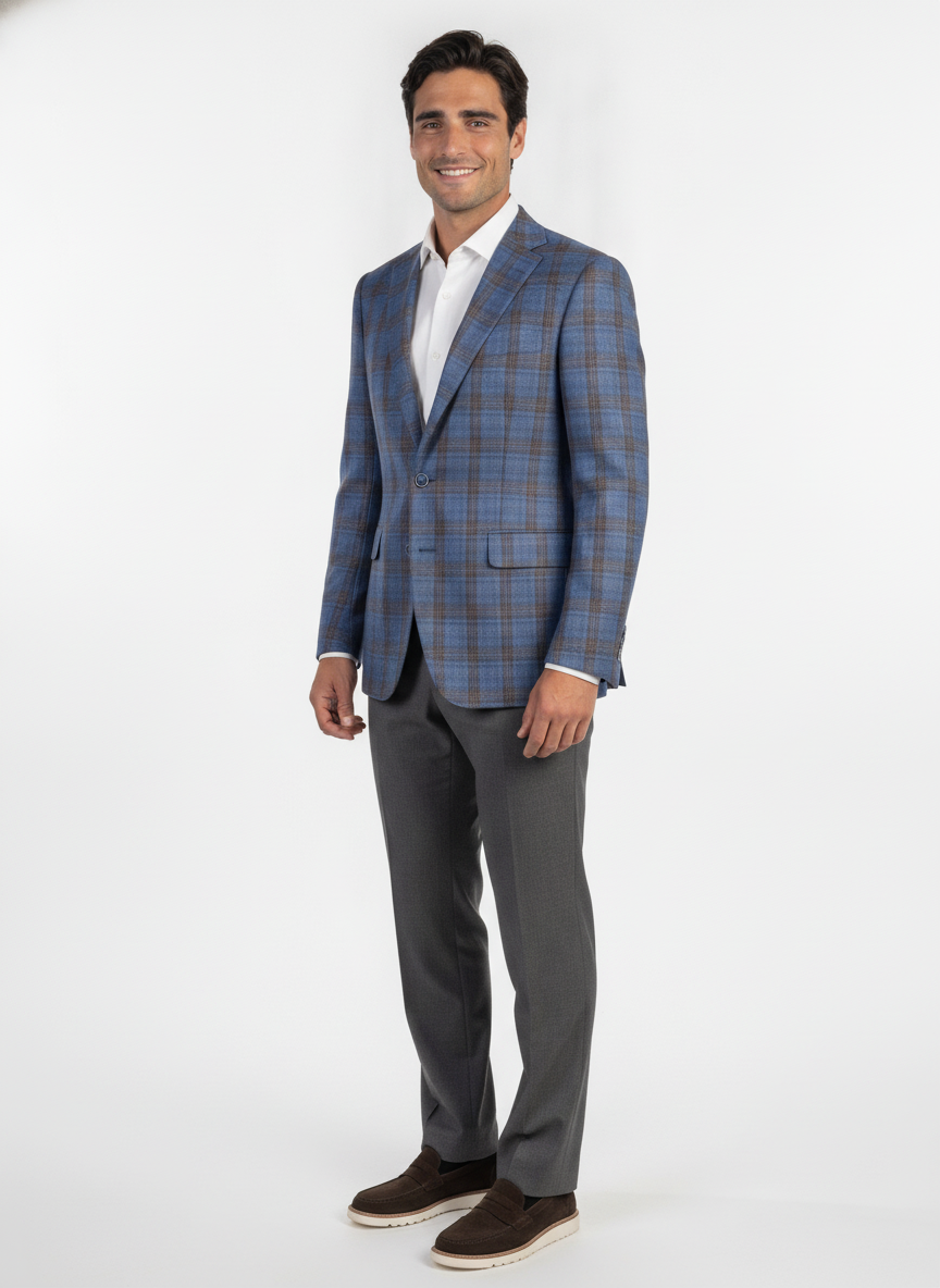 Colbert Geruit Mid Blue Brown "Grenoble" - Mister Steven, model driekwart aanzicht De Heerenkamer Utrecht