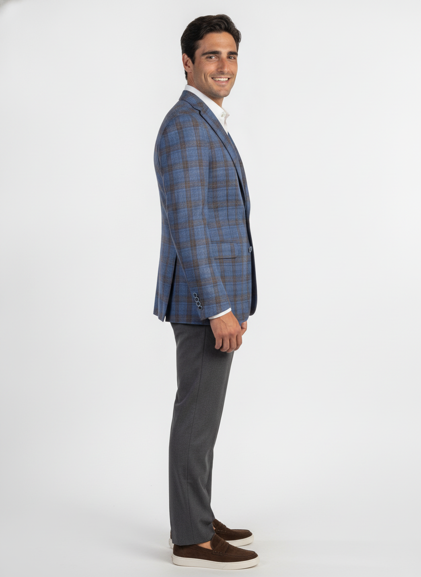 Colbert Geruit Mid Blue Brown "Grenoble" - Mister Steven, model zijaanzicht De Heerenkamer Utrecht