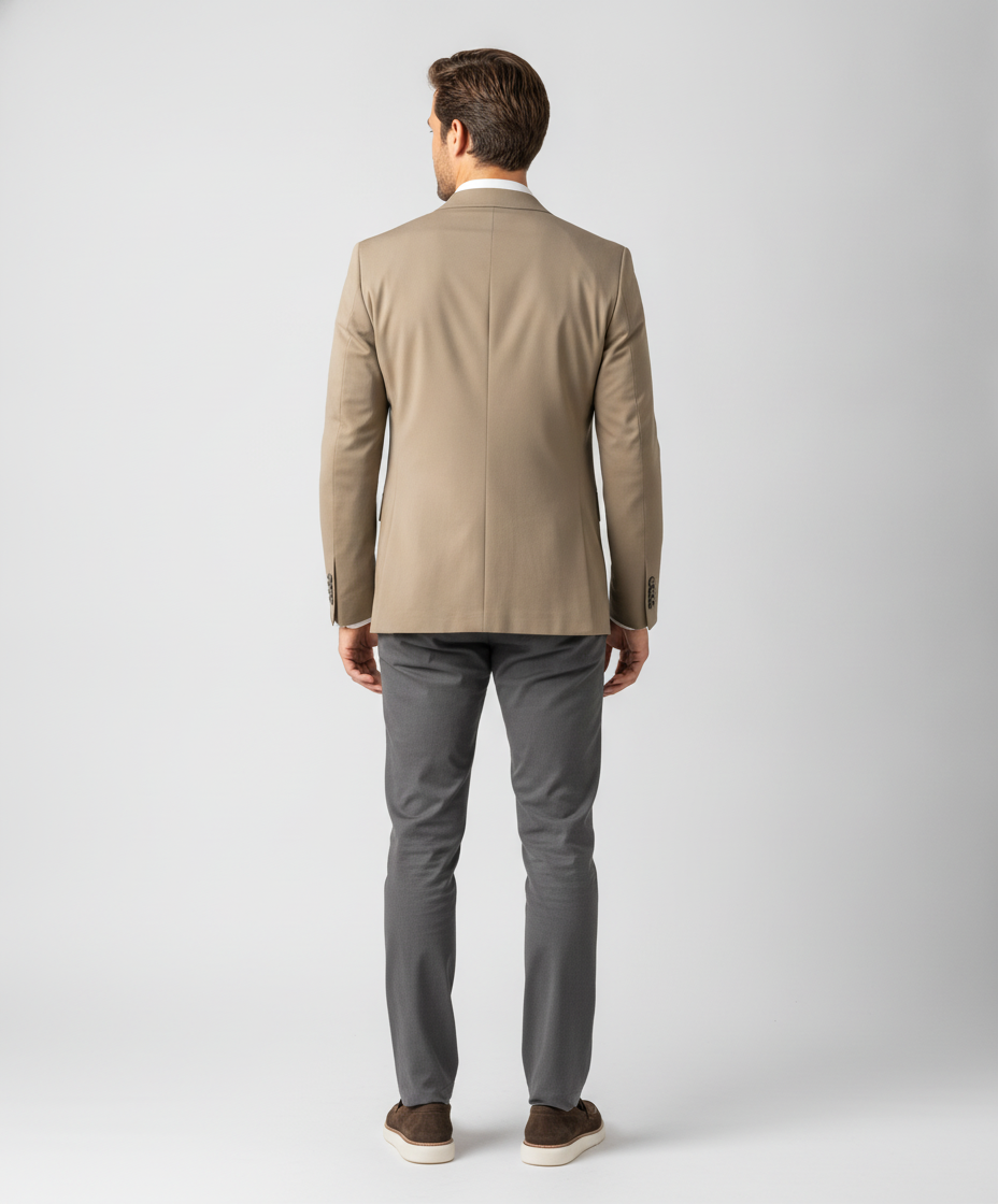 Colbert Light Olive Green Jersey "Havard" - Flexx, model achteraanzicht De Heerenkamer Utrecht