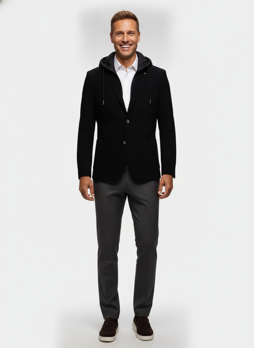 Colbert met Capuchon Black "Harald" - Flexx, model vooraanzicht De Heerenkamer Utrecht